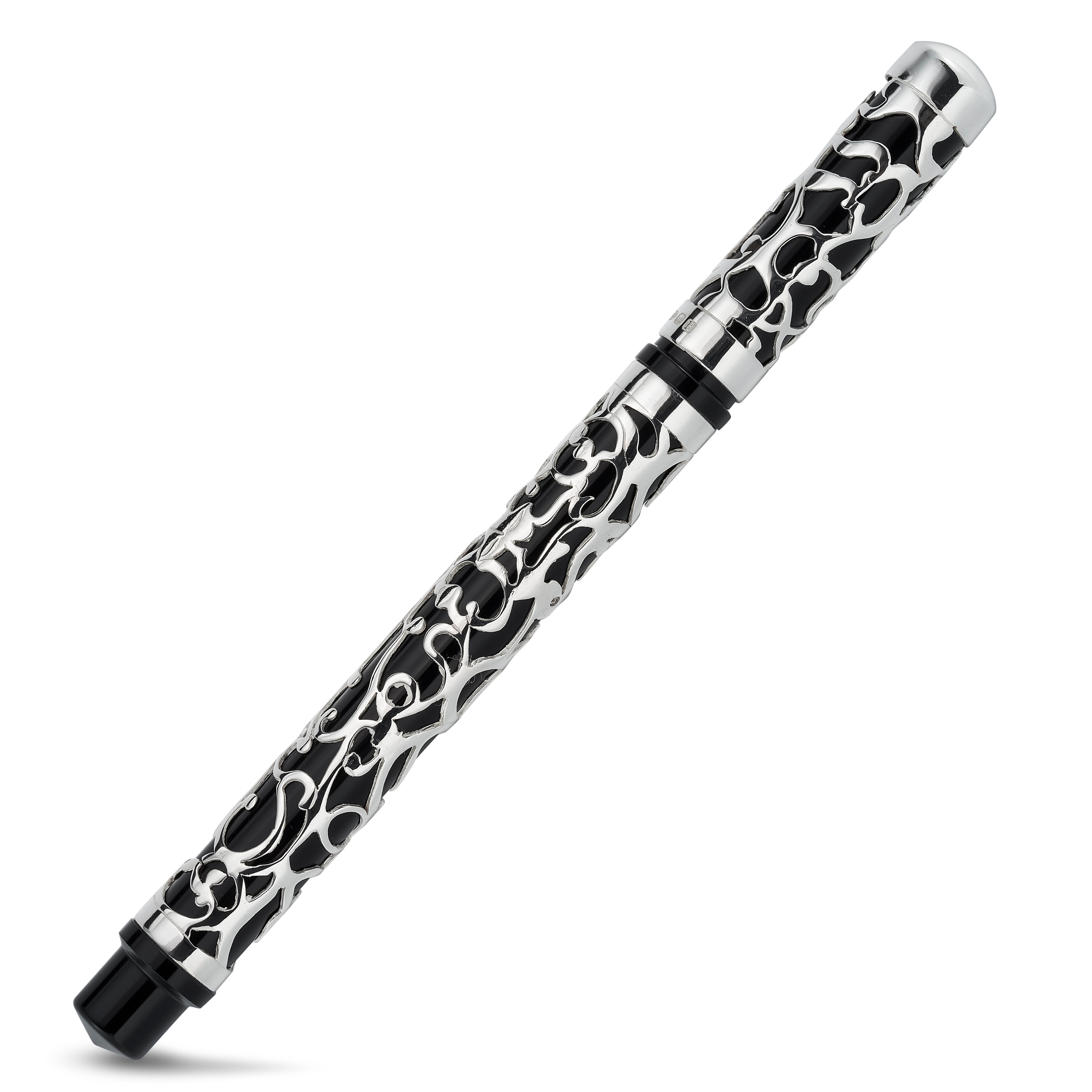 Henry Simpole Myrtle pen at a mirrored angle, silver and black scrollwork covering cap and barrel