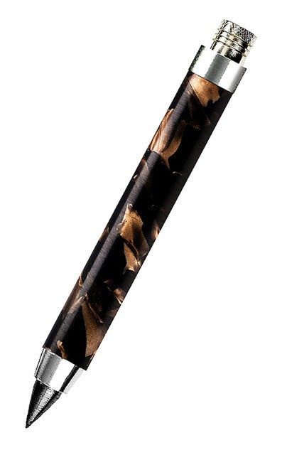 Stylo bille Dartmoor Scribbler sur fond blanc, résine marbrée marron et noire avec finitions argentées