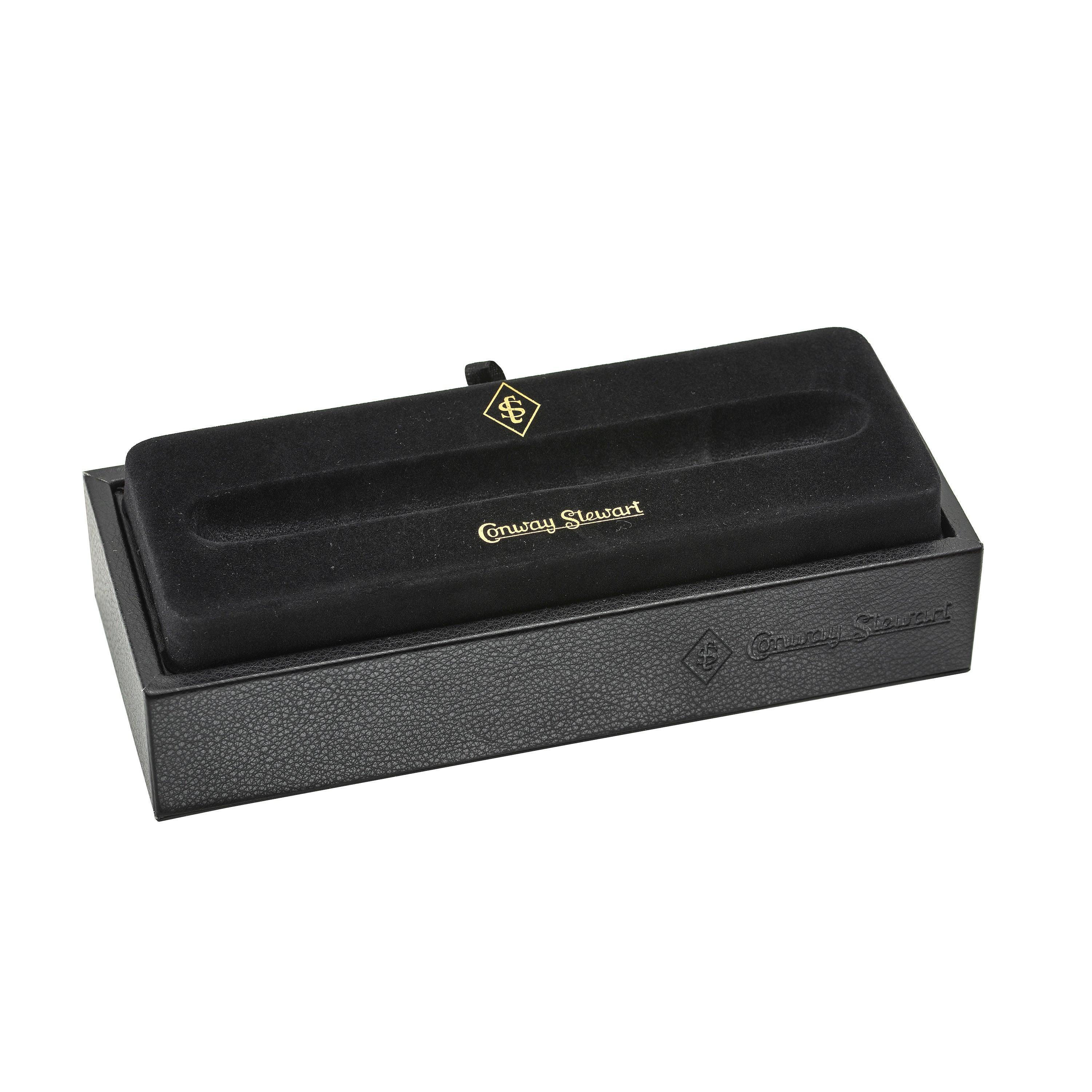 Open black Conway Stewart presentation box for the Belliver Classic Green pen, shown empty