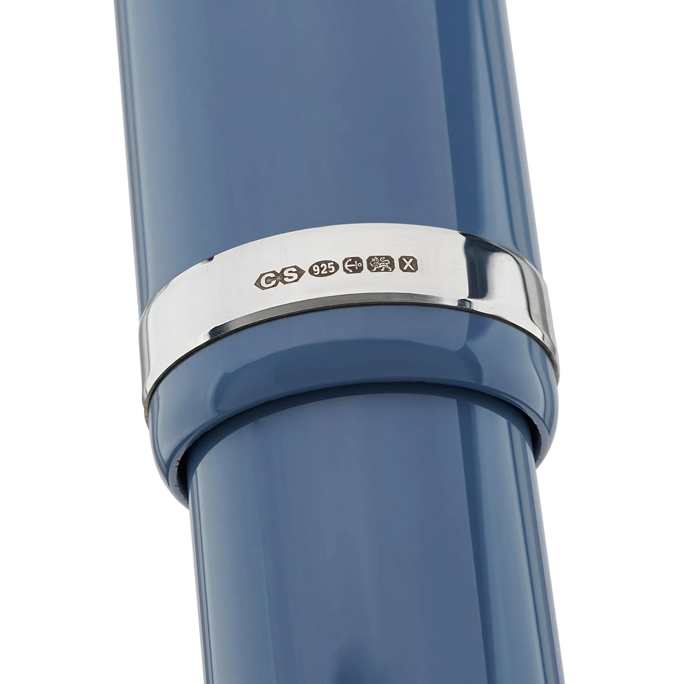 Close-up of the sterling silver cap band hallmark on the Conway Stewart Spitfire pen